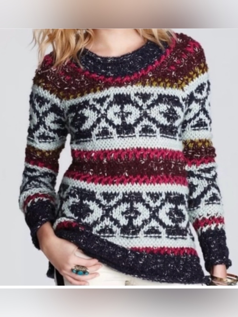 Free People Reed Fair Isle Print Chunk Knit Sweater Wool Linen Alpaca Medium